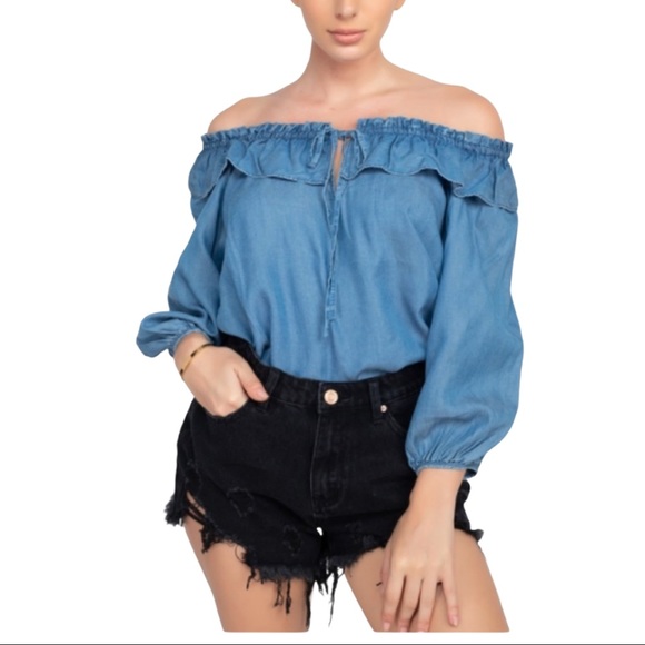 Soft Denim off the shoulders Long sleeve top - Picture 1 of 4